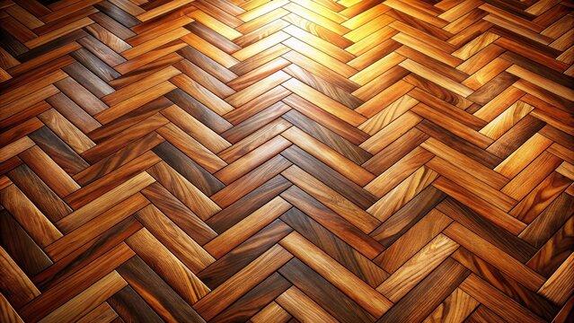 Intricate herringbone pattern of various richly hued wood parquet flooring