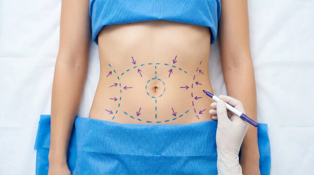 Top-Down View of Abdomen Marked for Liposuction with Surgical Pen and Lines