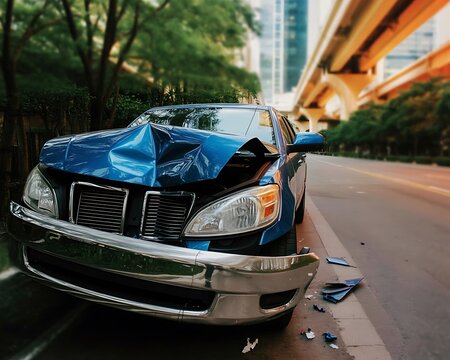 Damaged blue car parked beside urban road with debris around