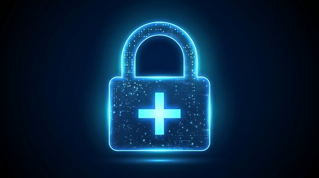 Digital padlock with medical cross symbol inside representing healthcare data security and encrypted patient privacy
