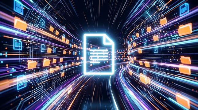 Abstract digital data stream with glowing document icon and folders flying through colorful network tunnel representing information technology and data management.