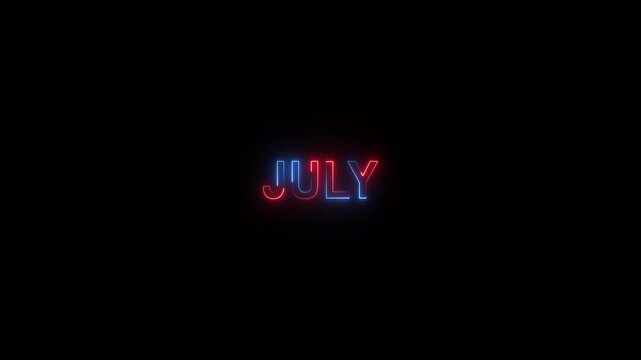July neon sign glowing text animation, red and blue electric light effect on black background, month summer
