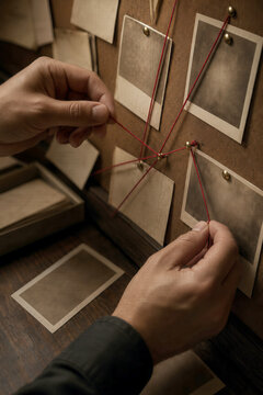 Detective arranging photographs and red strings on an investigation board. Crime mystery analysis, evidence connection, forensic investigation, and unsolved case concept.