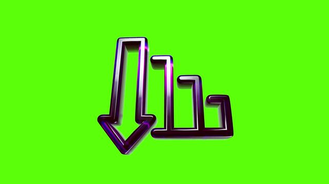 Shiny purple 3d arrow icon pointing down next to a bar chart symbol representing financial decline or loss