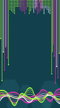 Vertical abstract technology background with dot matrix header, neon wave lines and hexagons on dark teal