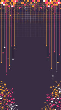 Vertical abstract technology background with geometric data grid, falling lines and molecular clusters on dark purple