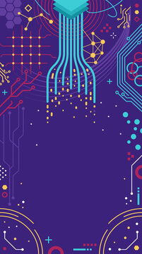 Vertical abstract technology background with streaming data lines, circuit board traces and molecular network on vibrant purple