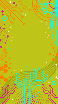 Vertical abstract technology background with bold circuit pathways, hexagon clusters and network nodes on lime green