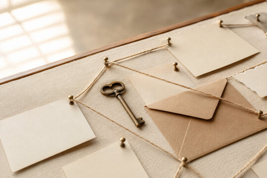 Detective investigation board with antique key, envelopes, pinned notes, and connecting string. Mystery evidence concept for crime solving, secret message, and historical case research.
