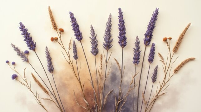 Tallos de lavanda prensados ​​y delicadas cabezuelas de semillas superpuestos de forma org&aacute;nica; tonos violeta ahumado, ocre suave y beige c&aacute;lido