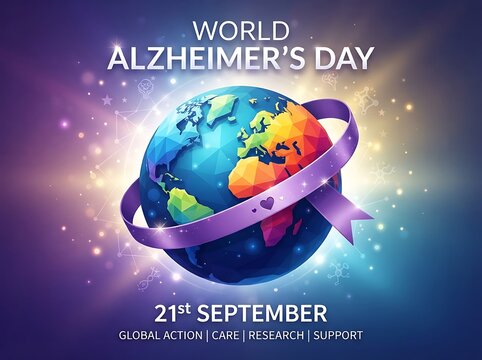 World alzheimers day 21st september awareness poster with a colorful lowpoly earth globe encircled by a purple ribbon on a glowing background