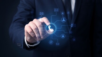 Obraz premium Corporate professional interacting with digital communication network interface on transparent screen to manage customer relations and business contact database systems