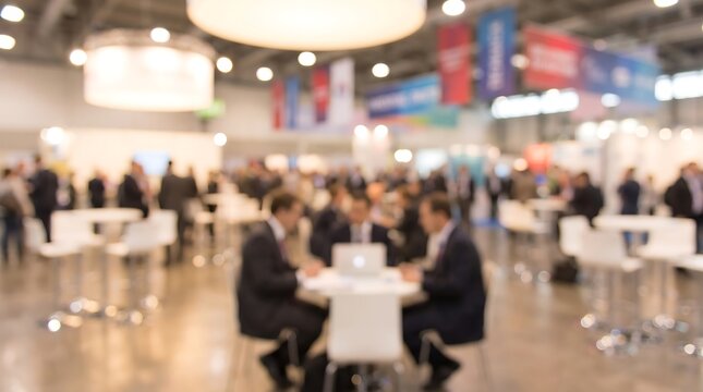 Blurred interior view of bustling business conference with professionals sitting at tables and networking during a large scale corporate industry expo and trade fair