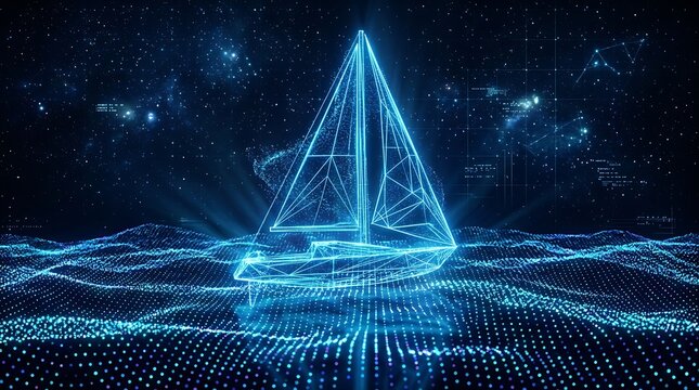 Abstract wireframe sailboat sailing on digital ocean waves with glowing starry sky background for maritime and technology innovation.