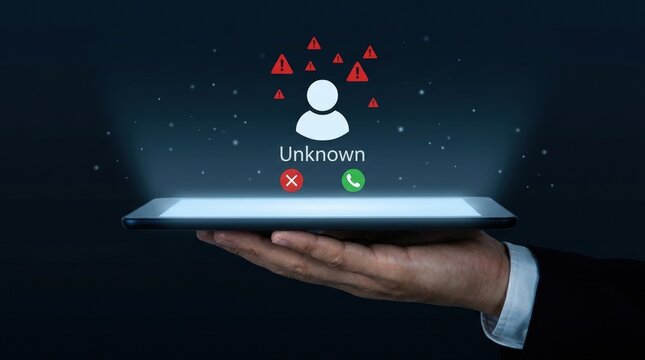 Hand holding tablet with unknown user icon and warnings.