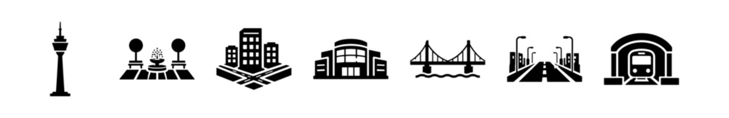 Fototapeta premium Urban Infrastructure Icons for Connectivity, Progress, Innovation, and Digital Transformation on transparent background