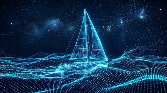 Wireframe digital sailboat navigates glowing neon blue ocean waves under starry night sky, representing innovation and exploration in technology and business.