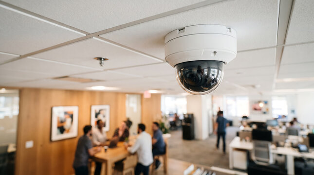 Dome security camera installed on office ceiling with group of professionals having meeting at table for workplace monitoring and corporate security and business surveillance concept
