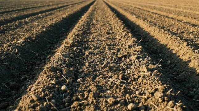Furrows in a freshly plowed agricultural field at sunset.