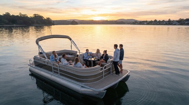 A group of friends relaxes on a spacious pontoon boat, sharing laughter and stories as the sun sets over the tranquil lake.