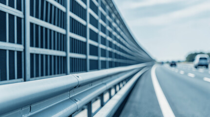 Fototapeta premium Highway infrastructure. Noise barrier and metal guardrail protect a modern motorway with moving vehicles, improving road safety and reducing traffic noise.