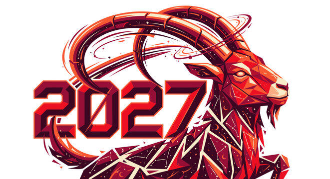 geometric low poly red ibex ram goat head 2027 numbers lunar chinese new year zodiac animal horoscope astrology calendar symbol mascot emblem decal sticker graphic poster design artwork

