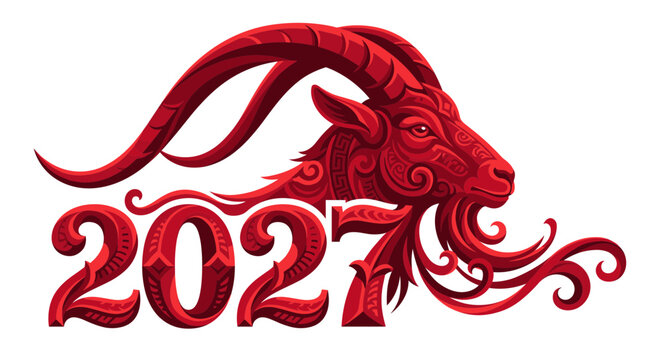 happy chinese new year 2027 ornate red horned goat ram head typography sign luxury oriental horoscope zodiac calendar celebration festival emblem mascot decal sticker graphic poster design

