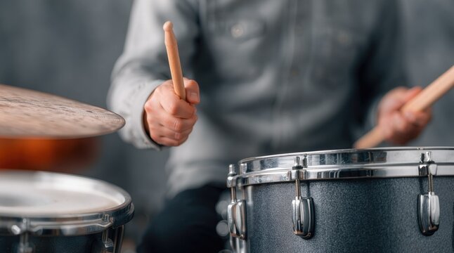 Music performance. Drummer plays a drum kit with wooden sticks during rehearsal, music practice or live percussion performance.