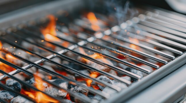 Outdoor cooking. Charcoal grill burns with open flames beneath a metal grate, prepared for barbecue cooking, grilling meat and food catering.