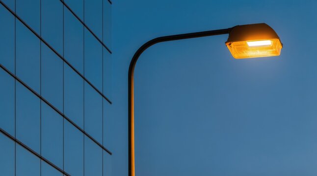 Urban lighting. LED street lamp illuminates a modern business district at dusk, providing outdoor lighting for roads, sidewalks and public spaces.