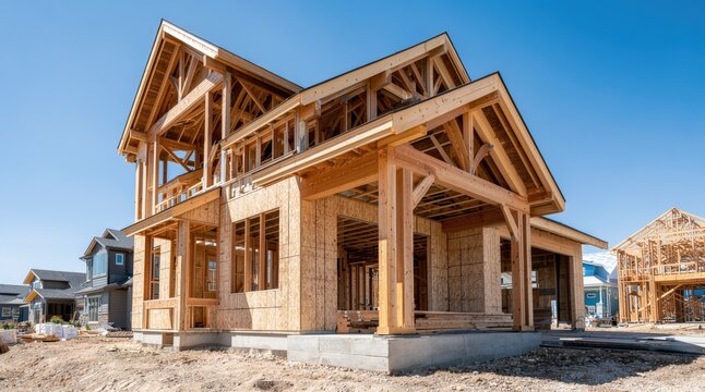 Residential construction. Timber frame house is being built with wooden beams and structural panels for modern suburban housing development.