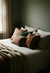 Fototapeta premium Cozy bedroom interior design with natural light, comfortable bedding, and decorative pillows for relaxation and home comfort