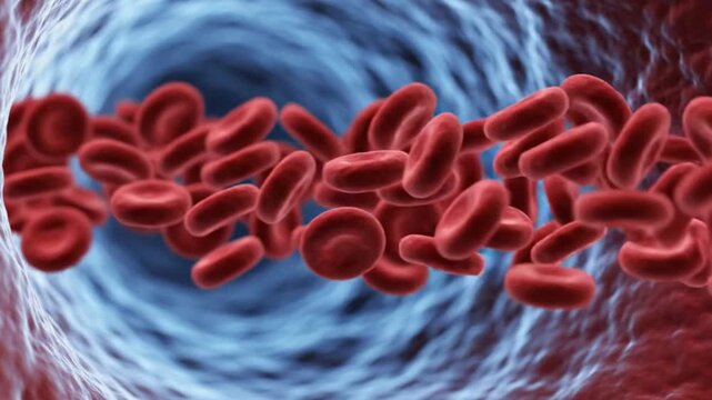 Macro microscopic view of red blood cells flowing rapidly through a human vein or artery. Medical, health, and biology concept showing the internal bloodstream and circulatory system.