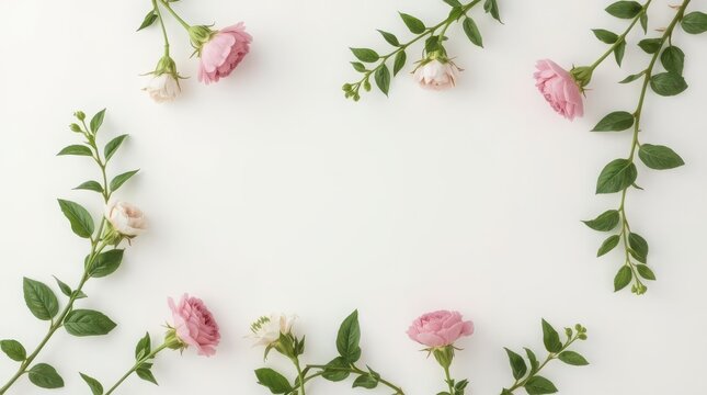 Pink rose branches and delicate buds form a natural circular frame around empty copy space on a white surface.