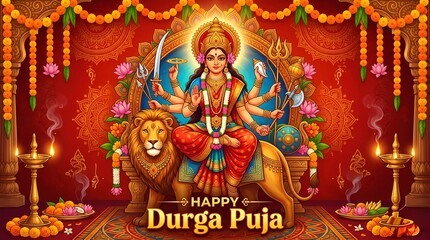 Fototapeta premium Goddess durga seated on her throne adorned with flowers and lights celebrating durga puja festival