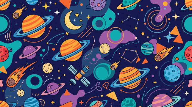 Colorful Outer Space Seamless Pattern with Planets and Stars