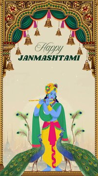 Janmashtami Green Yellow and Pink Illustrated Greeting Video Story