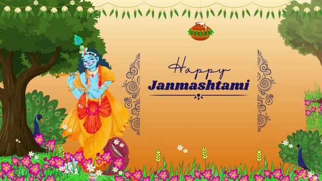 Janmashtami Orange, Blue and Green Playful Greeting Video