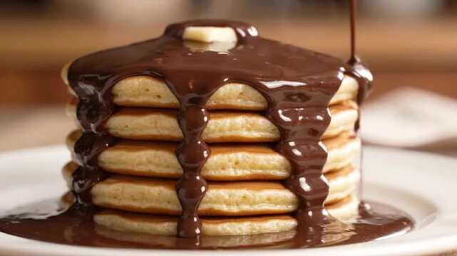 Close-up of a steaming hot stack of fluffy warm pancakes with melting butter on top. Rich dark chocolate syrup is being poured smoothly over the breakfast stack. Warm, appetizing, and delicious food 