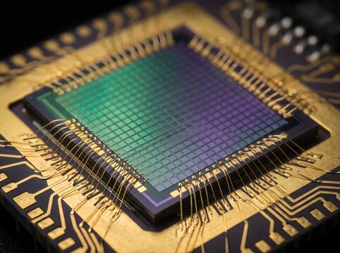 Macro Close-up of Spacecraft Multi-Spectral Earth Imaging Sensor Chip with Gold Wire Bonds