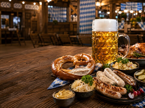 Oktoberfest Bavarian Feast with Traditional German Sausages Pretzel and Beer