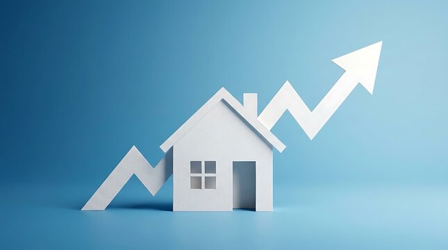 White house icon with upward trending arrow graph symbolizing real estate market growth and economic prosperity for investment success on blue background.