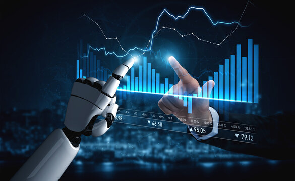 A robotic hand touches a glowing financial graph in a digital environment. The image symbolizes the intersection of technology and finance for future growth and analytics. Scalp