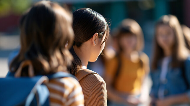 rear view of a sad girl standing near taunting classmates in a bright school setting, back to camera, bullying and peer pressure awareness concept, education, bright, with copy