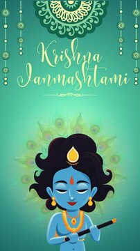 Janmashtami Teal and Gold Illustrated Greeting Video Story