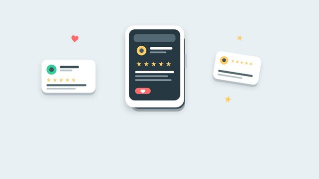 Minimalist smartphone with customer review star ratings and user feedback cards