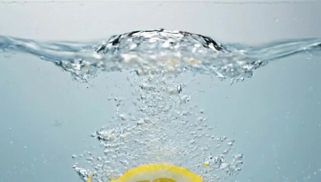 Close-up of a fresh yellow lemon slice partially submerged in clear sparkling water with air bubbles against a clean light blue background, highlighting citrus texture and liquid.