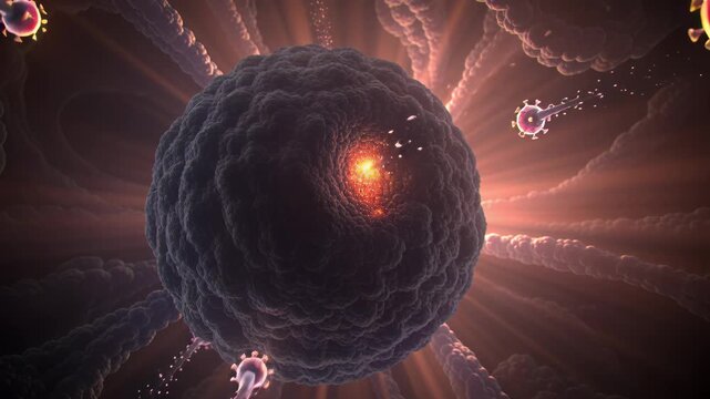 Scientific visualization of tailed viruses attacking a cell membrane with a bright inner glow.