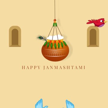 Janmashtami Yellow and Blue Krishna Hand with Dahi Handi Greeting Video