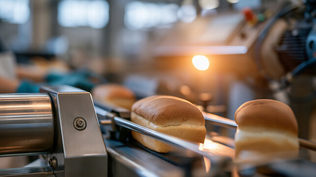 automated packaging of fresh bread loaves on a conveyor belt in a bright large industrial bakery, food production concept, automation, quality, industrial, bright, with copy space